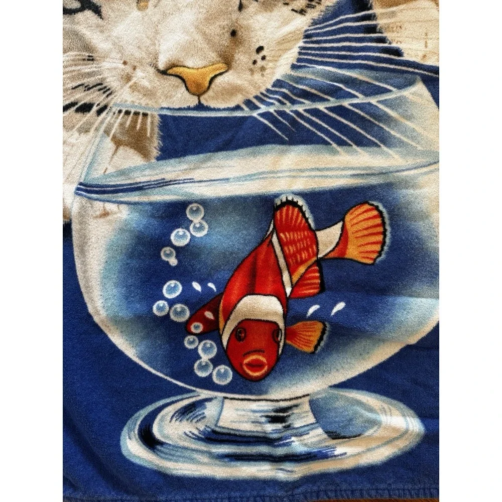 Vintage‎ Hilasal Realistic Cat Fishbowl Beach Towel Bengal Clownfish Blue 27x52
